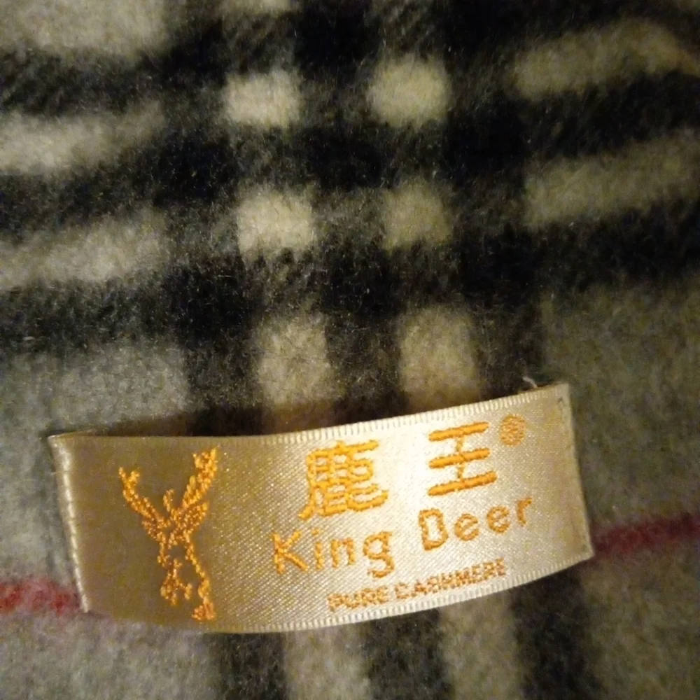 King Deer 100% Cashmere Scarf , Black/Gray/Red/White Plaid 47x12.